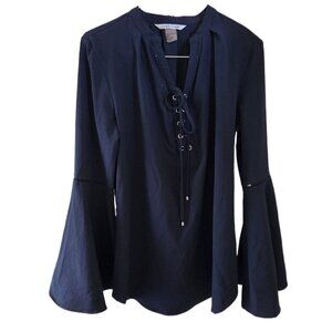 Nygard Navy Blue Lace-Up Bell Sleeve Blouse